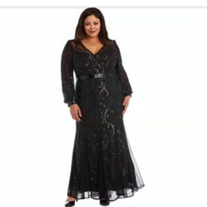 Plus Size R&M Richards Long Sleeve Surplus Beaded Evening Gown - Black - 22W